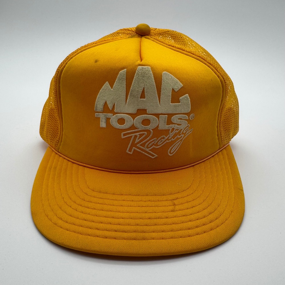 Vintage Mac Tools Racing Trucker Hat Yellow Mesh Snapback Cap Foam Front OSFA